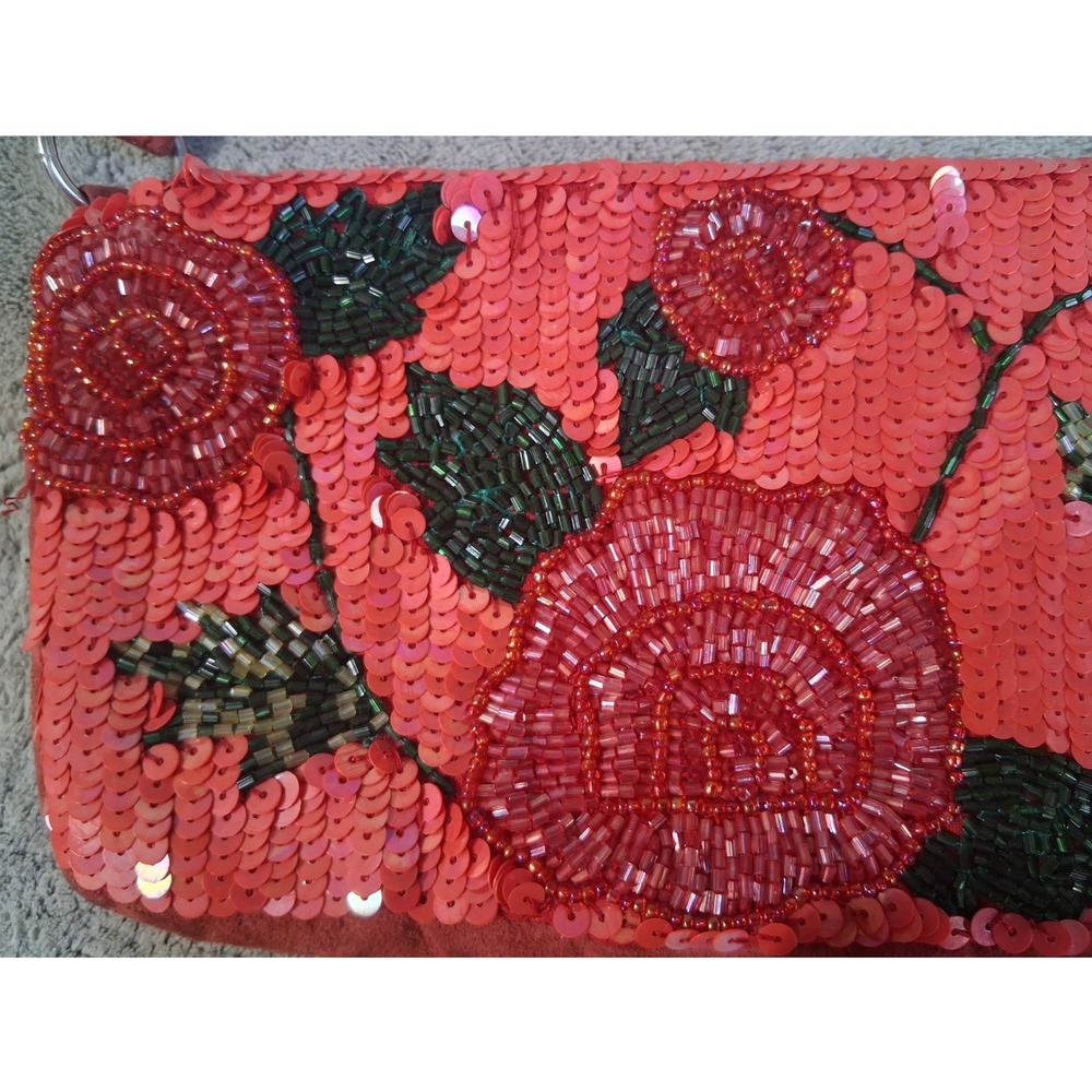 Vintage Cache Red Beaded Sequin Rose Floral Baguette Shoulder Bag Y2K Evening - Picture 3 of 14